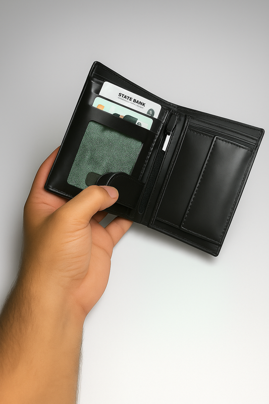 Black Vertical Bifold Wallet Genuine Cowhide Leather