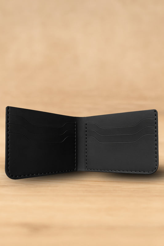 Black Leather Bifold Wallet 100% Full-Grain Leather