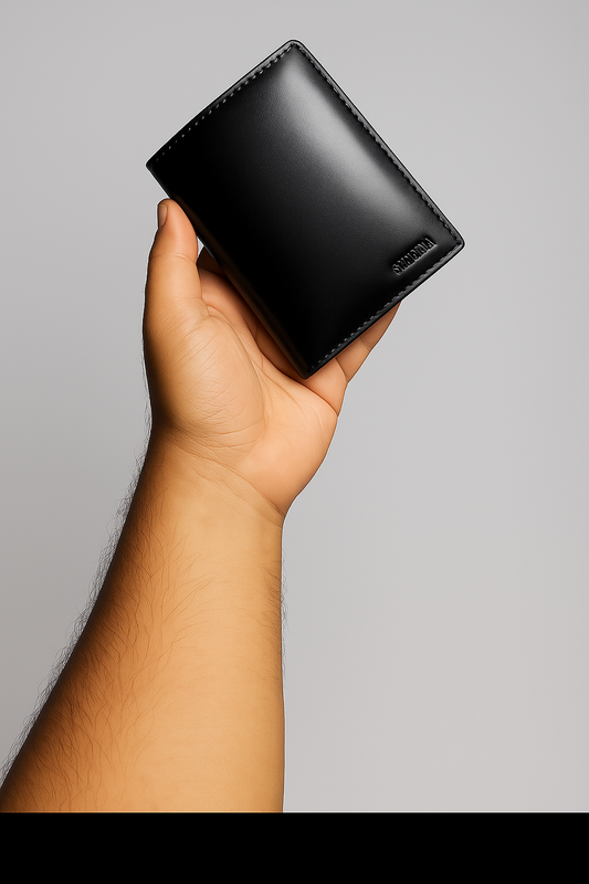 Black Vertical Bifold Wallet Genuine Cowhide Leather